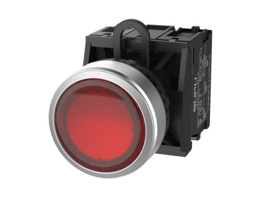 Кнопка серии TS2 с металлическим кольцом и подсветкой, 6V, AC/DC, плоский тип, мгновенное действие, красн.