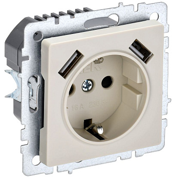 BRITE Роз. с з/к/ш 16А с USB A+A 2,1А РЮш10-1-БрКр беж. IEK