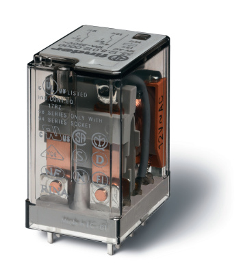 Миниатюрное универсальное электромеханическое реле; 2CO 10A; контакты AgNi; катушка 230В АC; степень защиты RTI; опции: кнопка тест + мех.индикатор