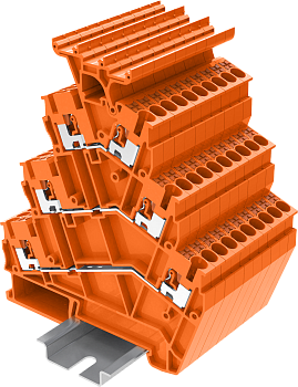 TPTS2.5-2T-OG Клемма TP проходная 3-уровневая угловая с держателем маркировки, Push-in, сеч.2.5мм2, оранж.
