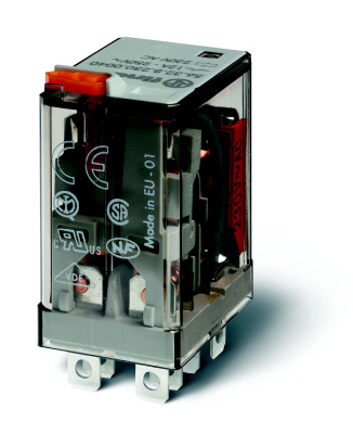 Миниатюрное силовое электромеханическое реле; 2CO 12A;  катушка 220В DC;  опции: кнопка тест + мех.индикатор; версия с расширенным диапазоном срабатывания (0,7...1,1Un)